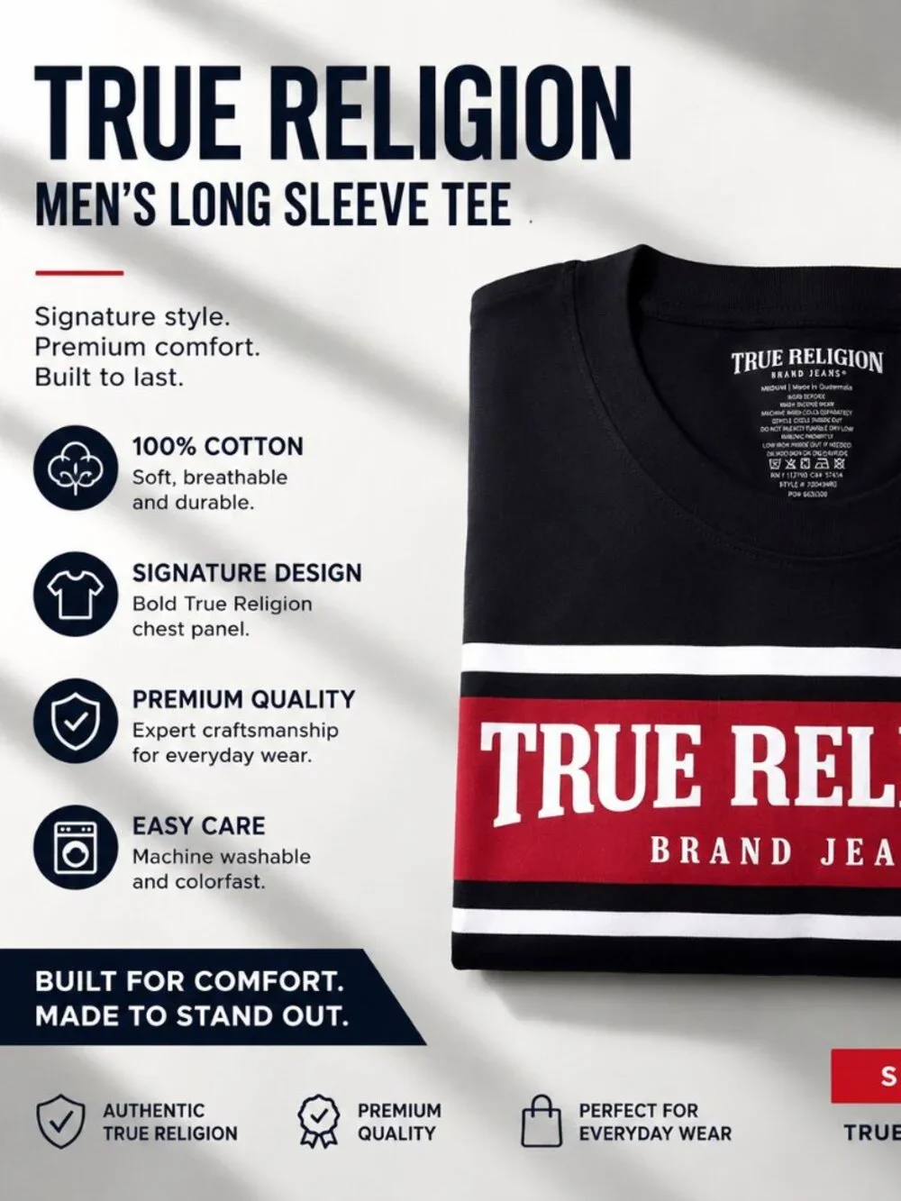 True Religion Shirt, Long Sleeve Tee, Men's Graphic Shirt, Streetwear Shirt, Cot